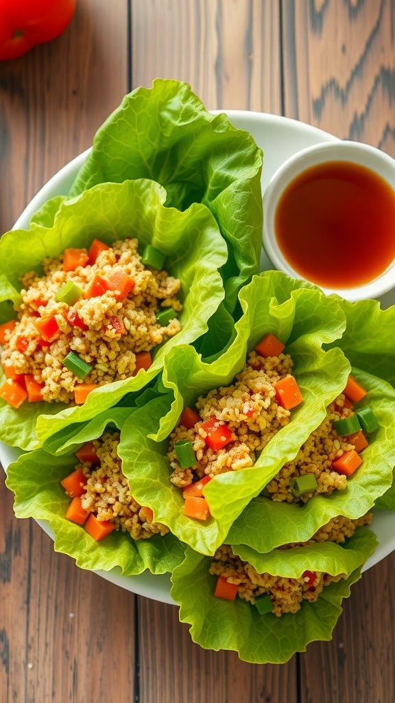 Quinoa chicken lettuce wraps filled with ground chicken and vegetables, garnished with sesame seeds and green onions on a rustic table.